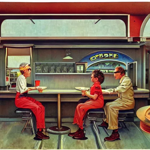 Image similar to a roadside diner open since the 7 0 s in ohio : with free coffee refills, daily specials, and a door you must never open, high quality high detail art by david mattingly and norman rockwell and nc wyeth, hd, realistic, photorealistic lighting, modern supernatural horror.