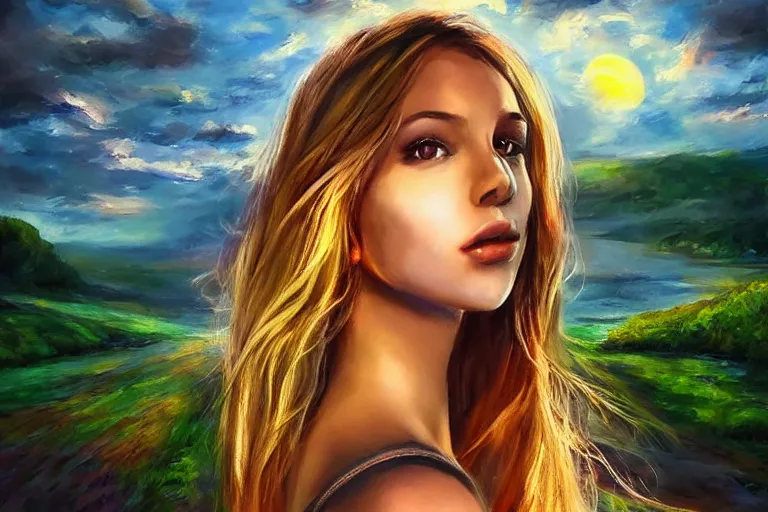 Image similar to girl, fantasy, painting, chrome, reflect, ultra realistic!!!, clear weather, golden hour, sharp focus