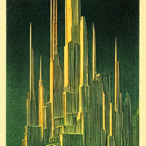 Prompt: frank lloyd wright's design for the emerald city, color pastel drawings by hugh ferriss