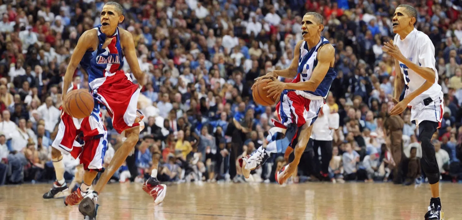 Image similar to extremely detailed photorealistic picture of Obama playing basketball