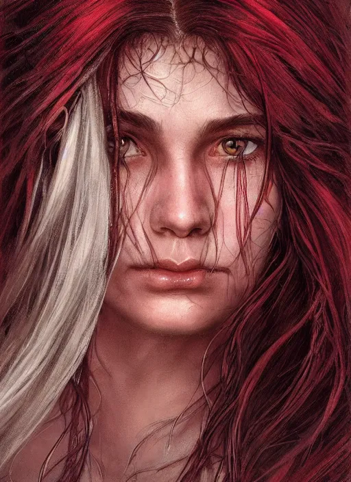 Image similar to vertical portrait of a ruggedly handsome female cleric, soft hair, close - up face, leather, witchy, d & d, fantasy, intricate, elegant, highly detailed, digital painting, artstation, concept art, smooth, sharp focus, illustration, art by artgerm and greg rutkowski and alphonse mucha, plain red background