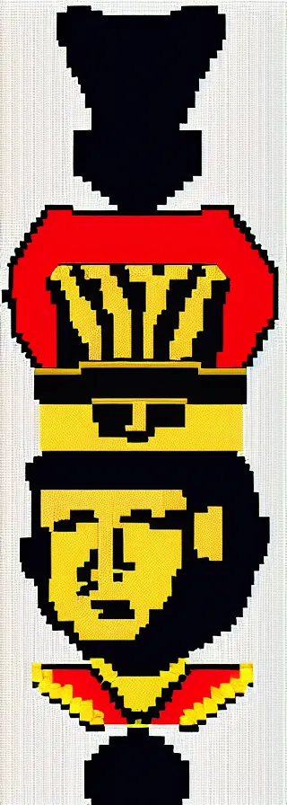 Image similar to portrait of imperator wearing a french hat and ceremonial uniform in a haughty pose, head pointing up diagonally, pixel art, colors accent, symmetric