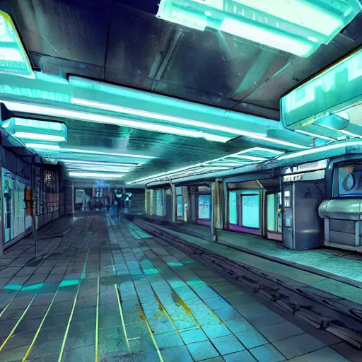 Image similar to Futuristic subway station in Japan, neon signs on walls advertising food and electronics, trash piles in corners, flickering fluorescent bulbs overhead, pools of water on cracked tile floor, cyber beggars, night, digital art, trending on artstation, realistic