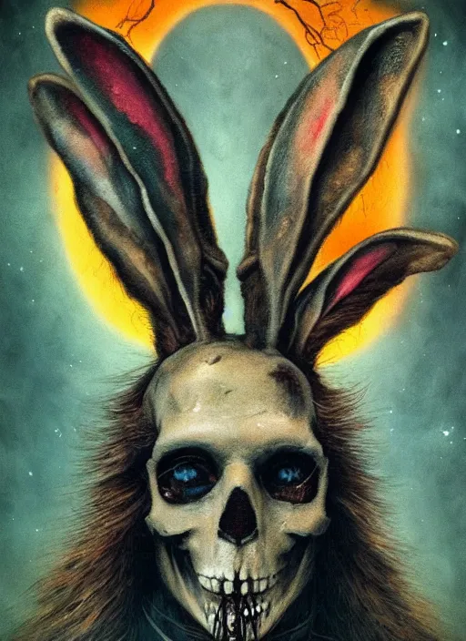 Prompt: the march hare, death tarot card, highly detailed, half skull face, cinematic, 8 k, by megan duncanson, benjamin lacombe, adrian borda, stanley artgermm, tom bagshaw, craig mullins, carne griffiths, ayami kojima, beksinski, giger, trending on deviantart, hyper detailed, horror, full of colour