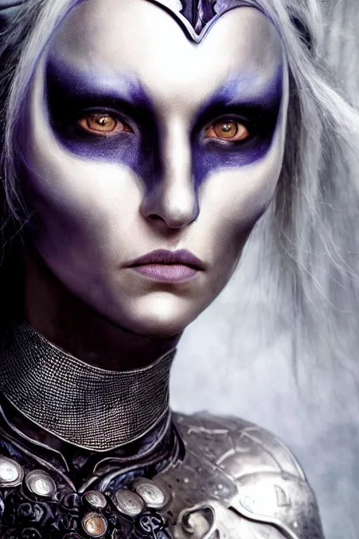 Prompt: head and shoulders portrait of an eldritch knight, drow, dark elf, shadar kai, female, breastplate, magical, high fantasy, d & d, by annie liebovitz, face details, extremely detailed, vogue fashion photo