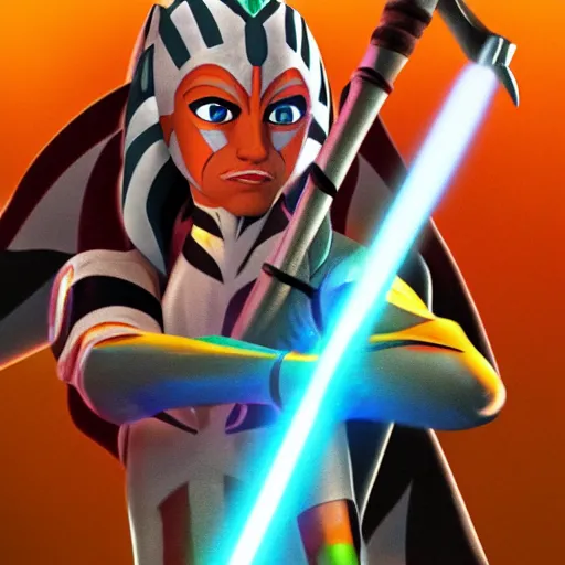 Prompt: Ahsoka Tano with Iridescent blades, dramatic lighting, cinematic pose, rainbow blades,