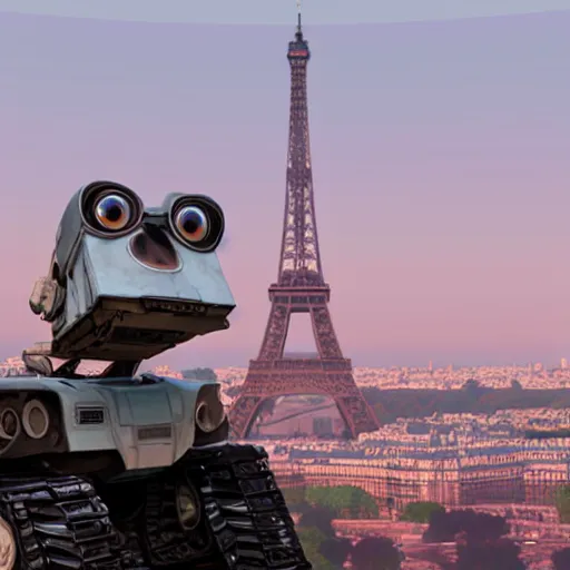 Image similar to wall - e visiting the eiffel tower, realism, 4 k, rim lighting,