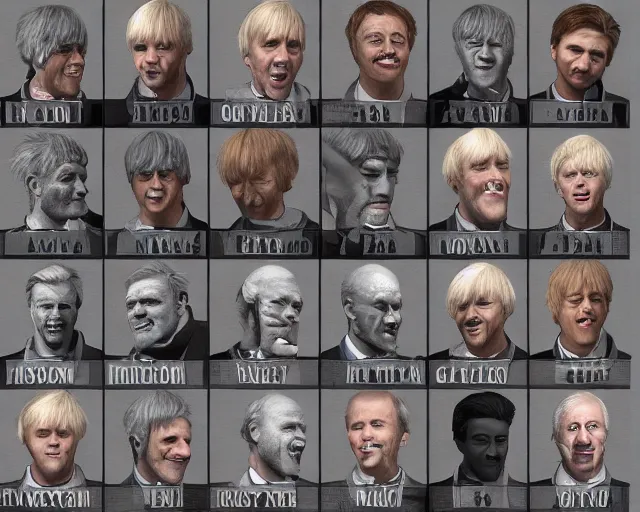 Image similar to boris johnson in 1 0 0 different styles, character art sheet, by various concept artists, redshift render, hyperrealistic face, photorealistic render