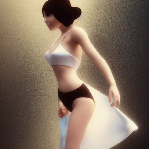 Image similar to a girl in an elegant white dress, with a black bikini underneath, 1920s, by WLOP, 8k octane render