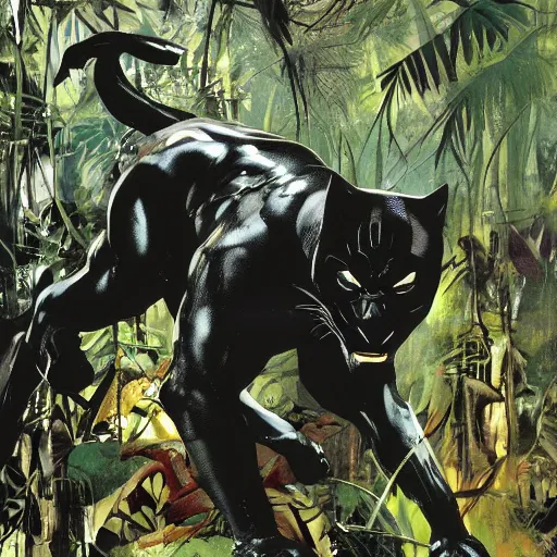 Prompt: black panther in the jungle by dave mckean and yoji shinkawa, oil on canvas