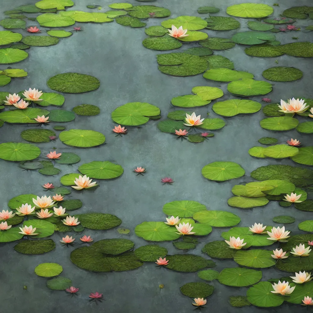 Prompt: a pond with lotus flowers and leaves through frosted glass with raindrops bears the words summer tales, photorealistic, detailed, realistic render, hyper realism, summer color pattern, album cover, trending in artstation