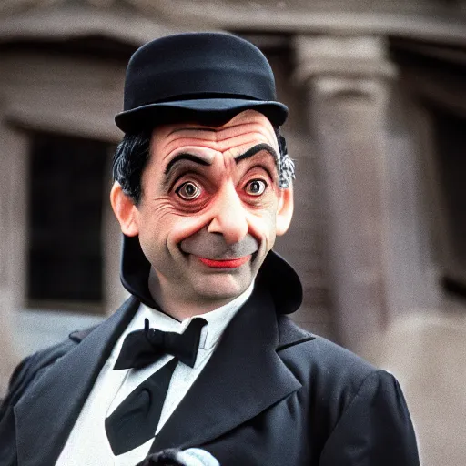 Image similar to Mr Bean as The Penguin in Batman, directed by Tarantino, film grain, EOS-1D, f/1.4, ISO 200, 1/160s, 8K, RAW, symmetrical balance, in-frame, Dolby Vision