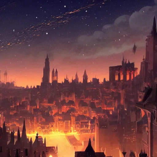 Image similar to Fantastic medieval city with sky in which stars and comets are visible, digital painting, concept art, artstation, 4k, by Makoto Shinkai, Maya Takamura, and James Jean