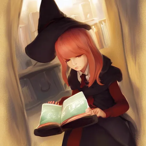 Image similar to little witch opening a book, artwork by cushart, krenz