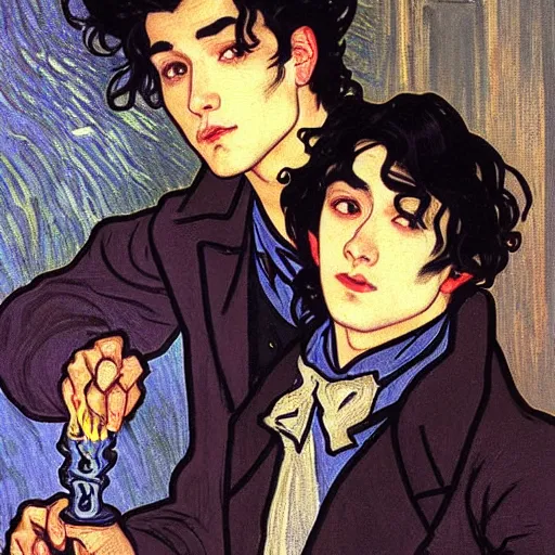 Image similar to painting of young cute handsome beautiful dark medium wavy hair man in his 2 0 s named shadow taehyung and cute handsome beautiful min - jun together at the halloween! party, bubbling cauldron!, candles!, smoke, autumn! colors, elegant, wearing suits!, delicate facial features, art by alphonse mucha, vincent van gogh, egon schiele