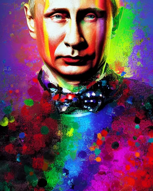 Image similar to a highly detailed portrait of Vladimir Putin as a colorful clown, gay pride flag background, intricate, digital painting, old english, particles floating, whimsical background by marc simonetti, John Singer Sargent style