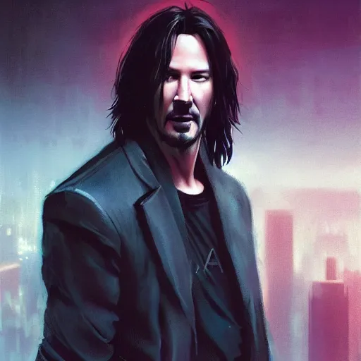 Image similar to cyberpunk, closeup portrait of a keanu reeves, dramatic light, city background, sunset, dystopian setting, high contrast, sharp, neuromancer, henry dorsett case, painted by stanley lau, painted by greg rutkowski, painted by stanley artgerm, digital art, trending on artstation