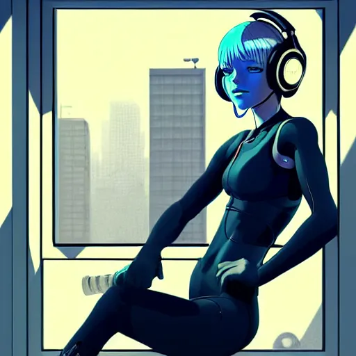 Prompt: cyborg - girl with silver hair, wearing headphones, and sitting on a window sill, highly detailed, painting, dark blue and black color palette, intricate, high quality anime artstyle, in the style of ilya kuvshinov