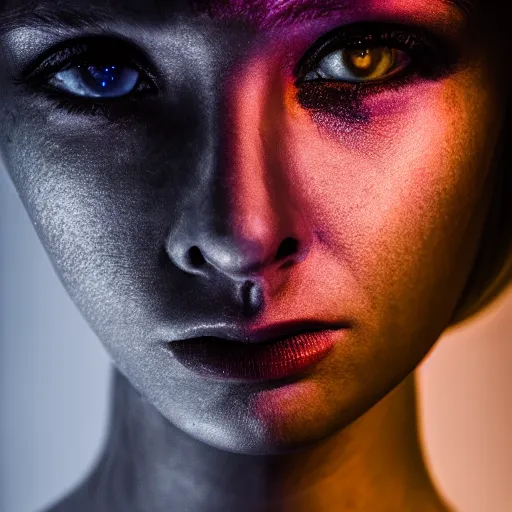 Image similar to A blonde model with glowing eyes, bright on dark, dramatic, cinematic, Sony a7R IV, symmetric balance, polarizing filter, Photolab, Lightroom, 4K, Dolby Vision, Photography Award