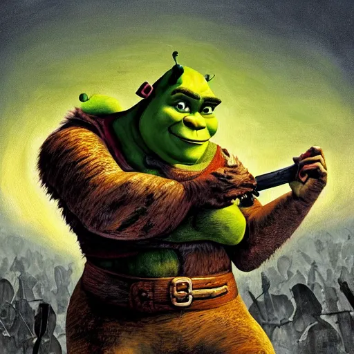 Image similar to a beautiful complex painting of shrek getting ready for a war