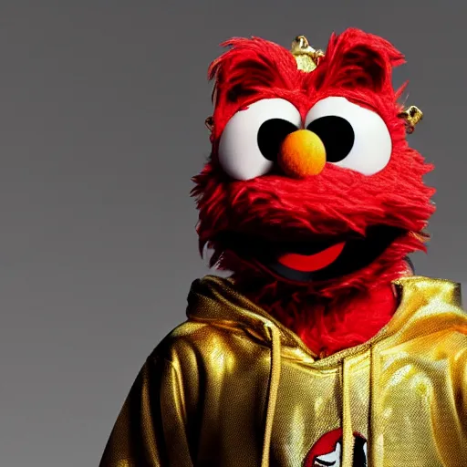 Image similar to Elmo from sesame street dressed up as a stylish rapper, wearing a hoodie and gold chain and backwards hat, in New York City, highly detailed, 4K, moody lighting, 90’s vibe, 3d render, octane redshift, 8k