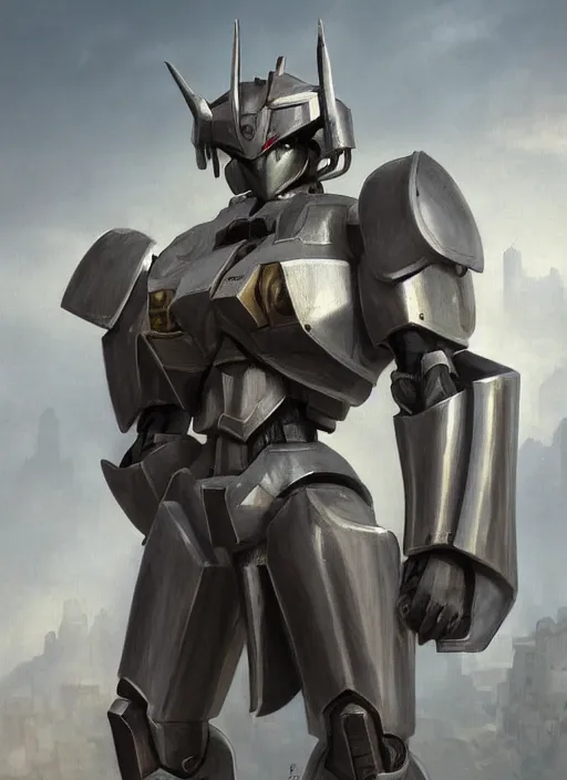 Image similar to medium-length portrait of a male paladin with short curly hair and a greying beard, olive skin, a grim expression and tired eyes, wears a suit of silver power armor, magitech!, gundam, medieval setting, highly detailed, digital painting, artstation, concept art, sharp focus, illustration, art by greg rutkowski and alphonse mucha