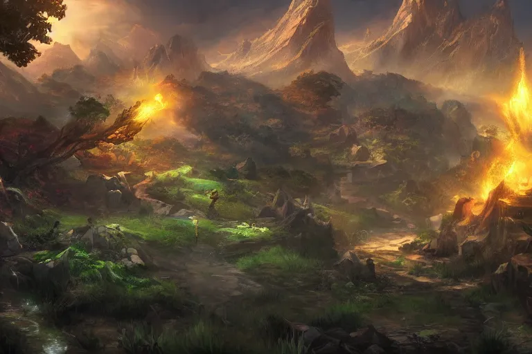 Prompt: a beautiful landscape, d & d, league of legends, concept art, dramatic lighting. realistic, epic legends, global illumination