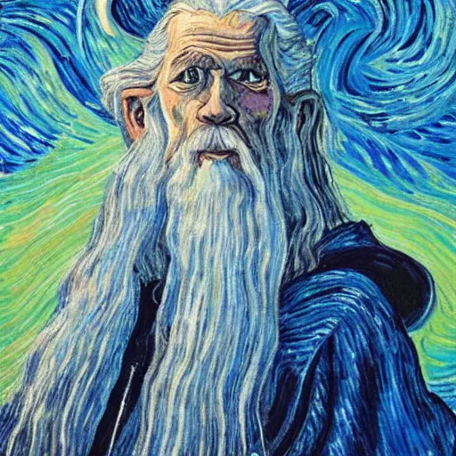 Prompt: A painting of Gandalf the Grey, painting, van gogh art style