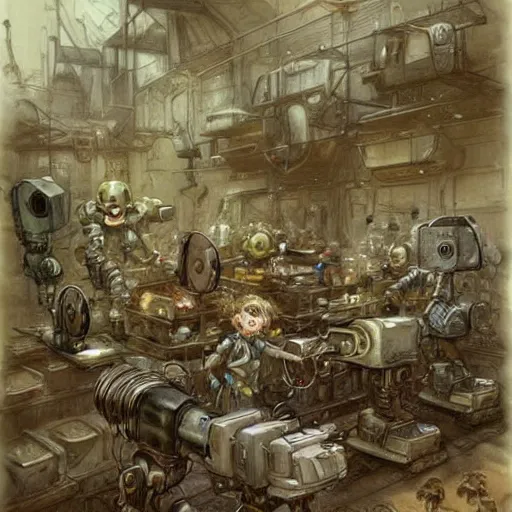 Prompt: cluttered inventors workshop full of robots . muted colors. by Jean-Baptiste Monge !!!!!!!!!!!!!!!!!!!!!!!!!!!