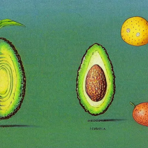 Prompt: a page from codex seraphinianus about a diagram of merging of emma watson with avocado