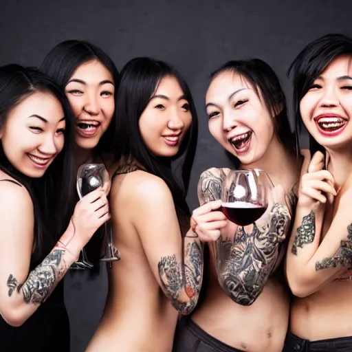 Prompt: large group of young eurasian women, tattoos, laughing, drinking wine, taken in photo studio, photorealistic, 8k,