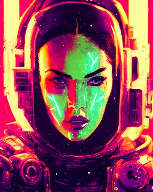 Prompt: detailed portrait Megan Fox Neon Operator Girl, cyberpunk futuristic neon, reflective puffy coat, decorated with traditional Japanese ornaments by Ismail inceoglu dragan bibin hans thoma greg rutkowski Alexandros Pyromallis Nekro Rene Maritte Illustrated, Perfect face, fine details, realistic shaded, fine-face, pretty face