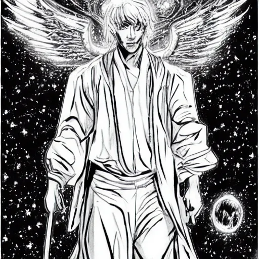 Prompt: black and white pen and ink!!!!!!! MAPPA designed Ryan Gosling wearing cosmic space robes made of stars final form flowing royal hair golden!!!! Vagabond!!!!!!!! floating magic swordsman!!!! glides through a beautiful!!!!!!! Camellia!!!! Tsubaki!!! flower!!!! battlefield dramatic esoteric!!!!!! Long hair flowing dancing illustrated in high detail!!!!!!!! by Moebius and Hiroya Oku!!!!!!!!! graphic novel published on 2049 award winning!!!! full body portrait!!!!! action exposition manga panel black and white Shonen Jump issue by David Lynch eraserhead and beautiful line art Hirohiko Araki!! Rossetti, Millais, Mucha, Jojo's Bizzare Adventure