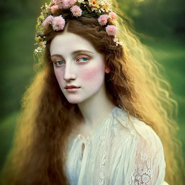 Image similar to Kodak Portra 400, 8K, soft light, volumetric lighting, highly detailed, britt marling style 3/4 ,portrait photo of a beautiful woman how pre-Raphaelites painter, a beautiful lace dress and hair are intricate with highly detailed realistic beautiful flowers , Realistic, Refined, Highly Detailed, natural outdoor soft pastel lighting colors scheme, outdoor fine art photography, Hyper realistic, photo realistic