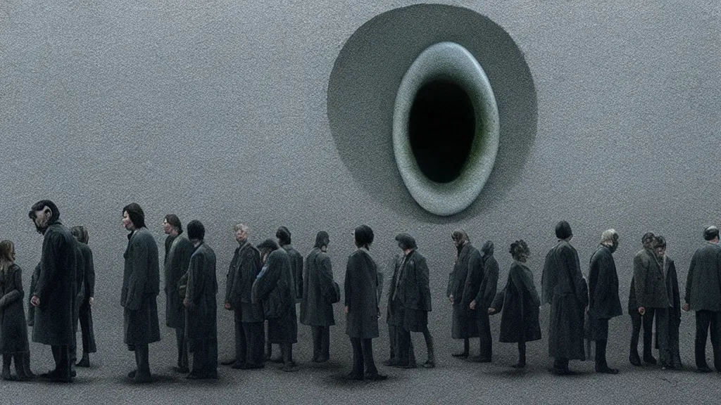 Image similar to the strange creature from my eye, we wait in line at the bank, film still from the movie directed by denis villeneuve and david cronenberg with art direction by salvador dali and zdzisław beksinski, wide lens