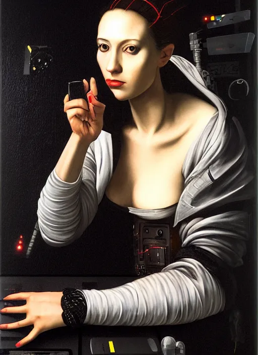 Image similar to a portrait of a cyberpunk woman jacked into a cyberdeck by Caravaggio