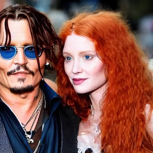 Image similar to johnny depp with his new girlfriend with ginger hair.