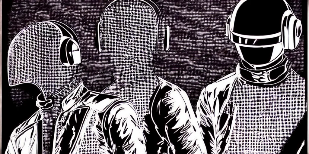 Prompt: intricate detailed artwork of Daft Punk using dj controller at an underground warehouse rave in Ibiza playing techno house music, housands of beautiful gorgeous female dancing in bikini, in the style of Moebius, wires, speakers, black and white ink, some ink drips