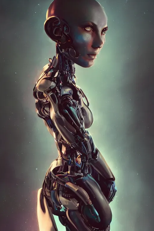 Image similar to a fancy portrait of a half robot half alien women by Greg Rutkowski, Sung Choi, Mitchell Mohrhauser, Maciej Kuciara, Johnson Ting, Maxim Verehin, Peter Konig, final fantasy , 8k photorealistic, cinematic lighting, HD, high details, atmospheric , trending on artstation