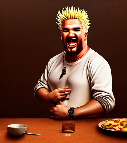 Prompt: portrait of a guy fieri happily gloating sitting upon a table with heightened detail, poised, intense emotion, detailed facial expression, detailed surroundings, intricate, elegant, highly detailed, centered, digital painting, artstation, concept art, smooth, sharp focus, illustration, by ( leonardo da vinci ), wlop