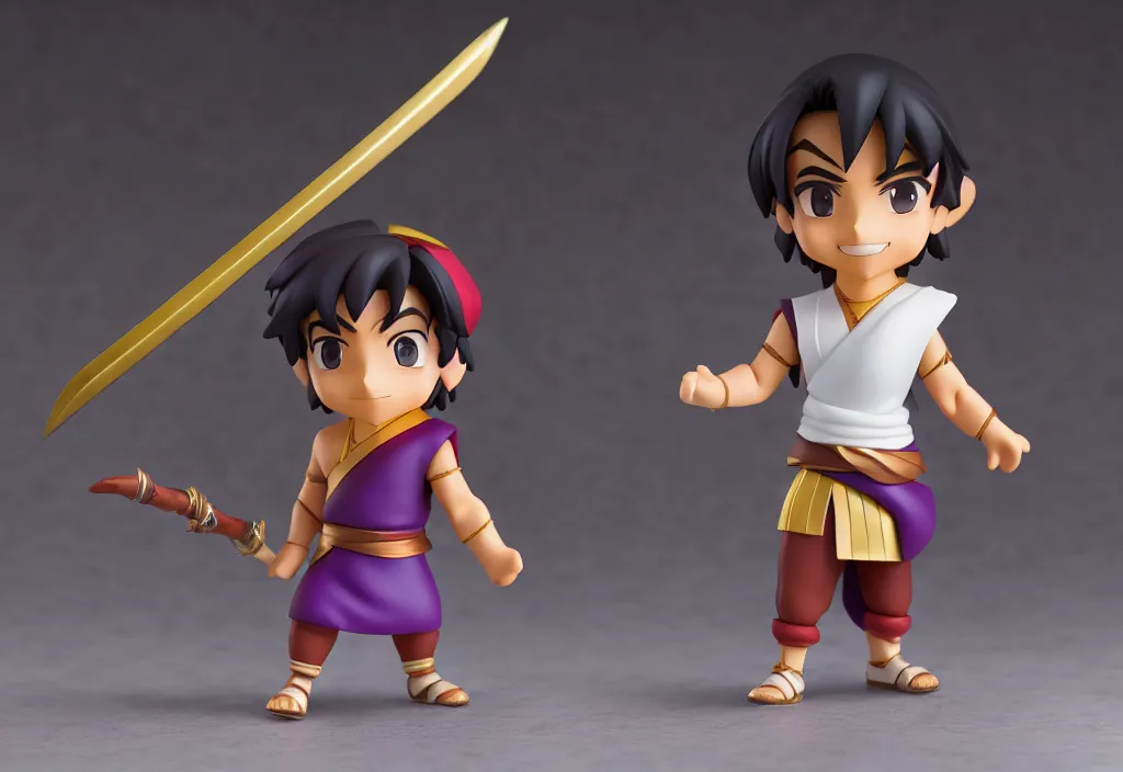 Prompt: side view of a walking young aladdin with arabian sword as nendoroid, 8 k, hd, dof, kodak film, volumetric lighting, subsurface scattering, photorealistic, octane render