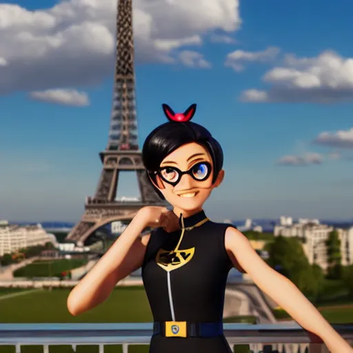 Image similar to Marinette Dupain-Cheng from Miraculous: Tales of Ladybug & Cat Noir action pose in front of the eiffel tower, octane render, close-up, fresh, sunny day