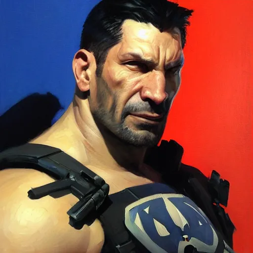 Image similar to Greg Manchess portrait painting of punisher as Overwatch character, medium shot, asymmetrical, profile picture, Organic Painting, sunny day, Matte Painting, bold shapes, hard edges, street art, trending on artstation, by Huang Guangjian and Gil Elvgren and Sachin Teng