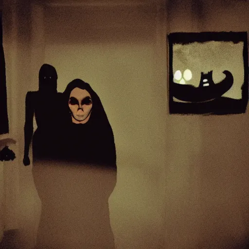 Image similar to A selfie of a woman in a dark room, with a spooky filter applied, with a figure in the background, in a Halloween style.