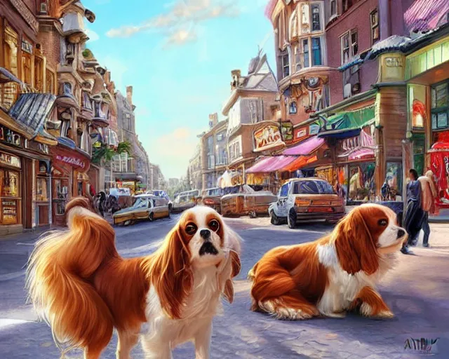 Image similar to bustling city street, many cavalier king charles spaniel dogs, dogs everywhere, quaint market town, art by artgerm