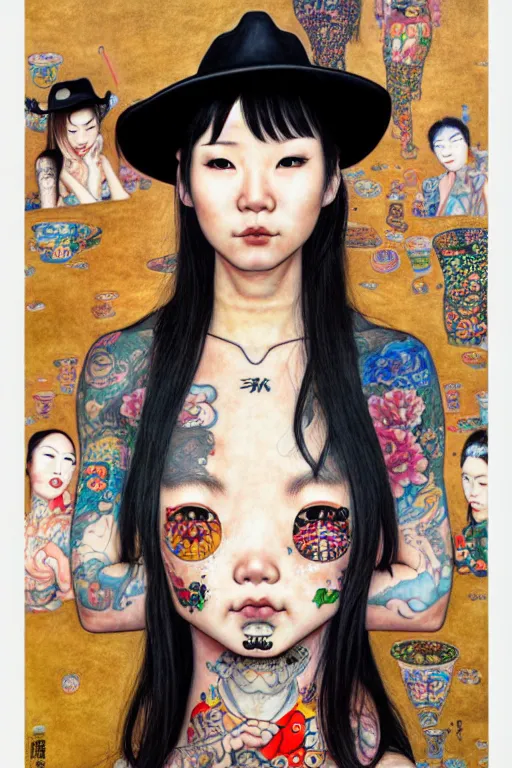 Prompt: full view of taiwanese girl with tattoos, wearing a cowboy hat, style of yoshii chie and hikari shimoda and martine johanna and and gustav klimt and will eisner, highly detailed