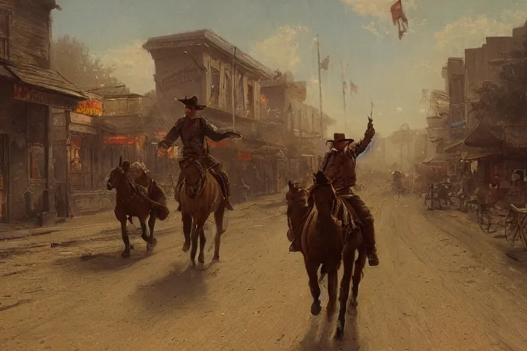 Prompt: rugged sheriff riding his horse through a busy old - west town, detailed, volumetric lighting, cinematic, in the style of fredrick remington, gaston bussiere