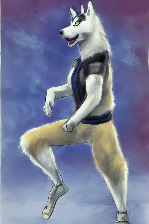 Prompt: a character design of a husky in blue vest, boxing on the stage, portrait painting, anime, studio ghibli, humanoid, anthropomorphic, personify, furry