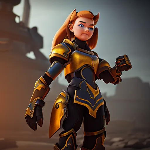 Image similar to a young girl with the appearance and armor of brigitte from overwatch, design, octane render, 4 k, ingame shot