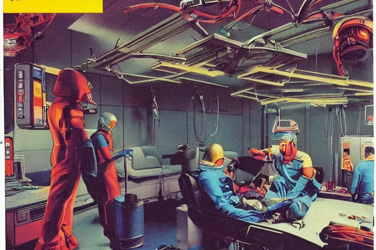 Image similar to 1979 OMNI Magazine Cover depicting a cyberware surgery operating room in a garage Cyberpunk Akira style by Vincent Di Fate